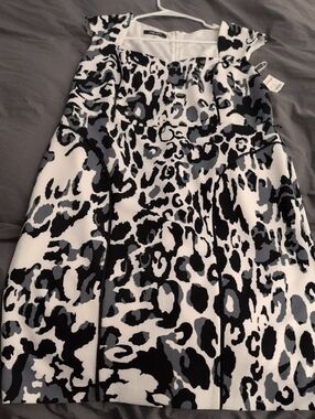 Nine West Black, White & Gray Animal-Print A-Line Dress Size 14